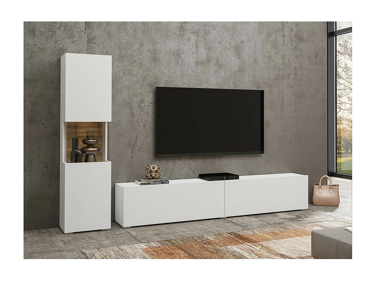 Ensemble vitrine et meuble TV collection EVA. Couleur blanc et chêne.