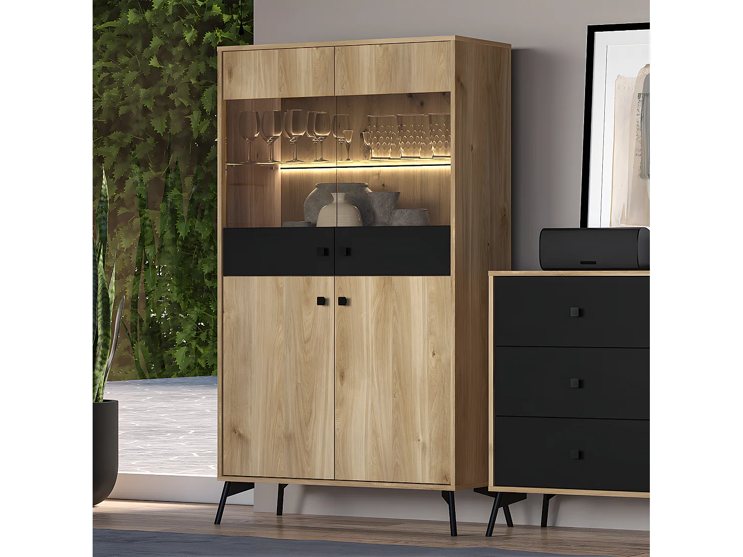 Vaisselier 4 portes LED Elara Bois et Noir