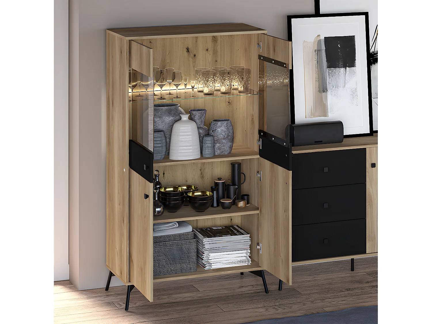 Vaisselier 4 portes LED Elara Bois et Noir