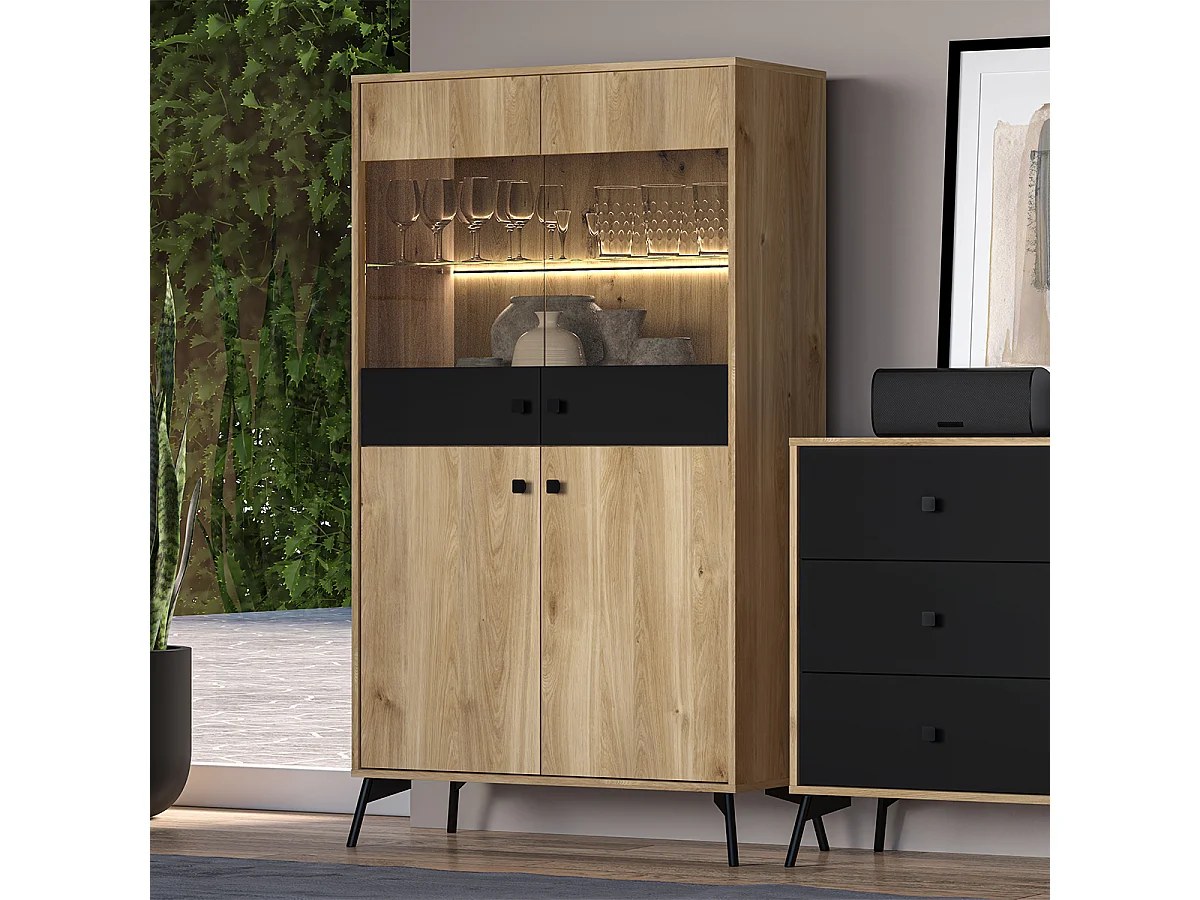 Vaisselier 4 portes LED Elara Bois et Noir