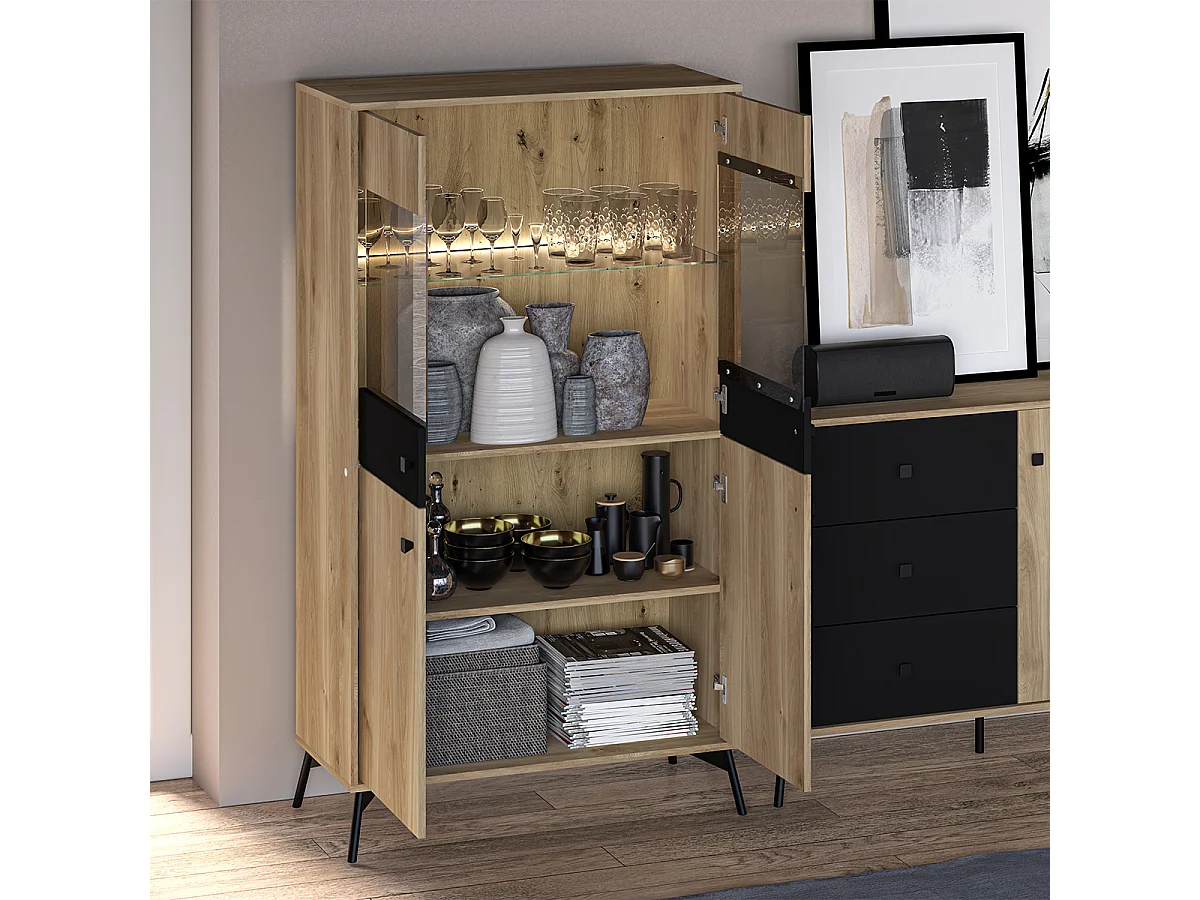 Vaisselier 4 portes LED Elara Bois et Noir