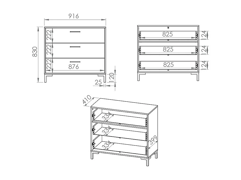 Cómoda 3 gavetas Liora madeira 83cm