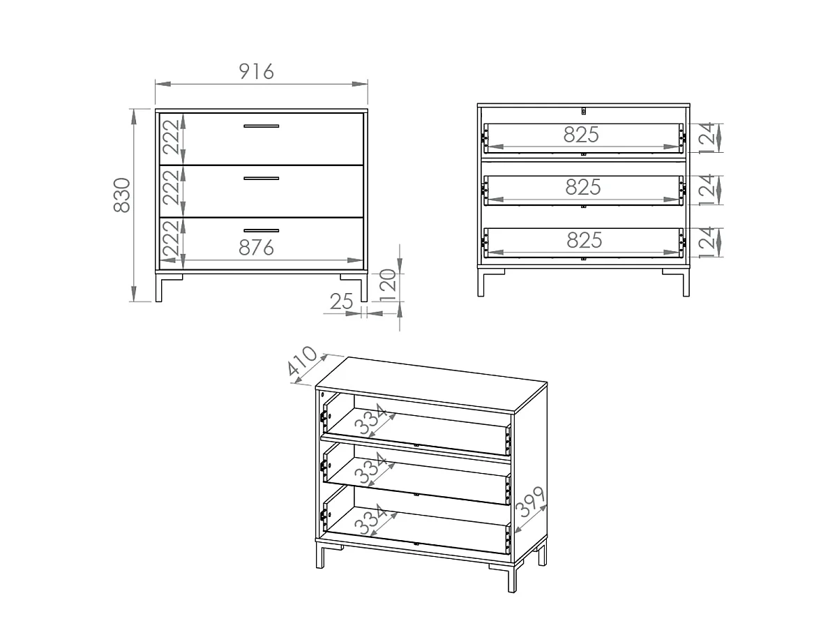 Kommode mit 3 Schubladen Liora Holz