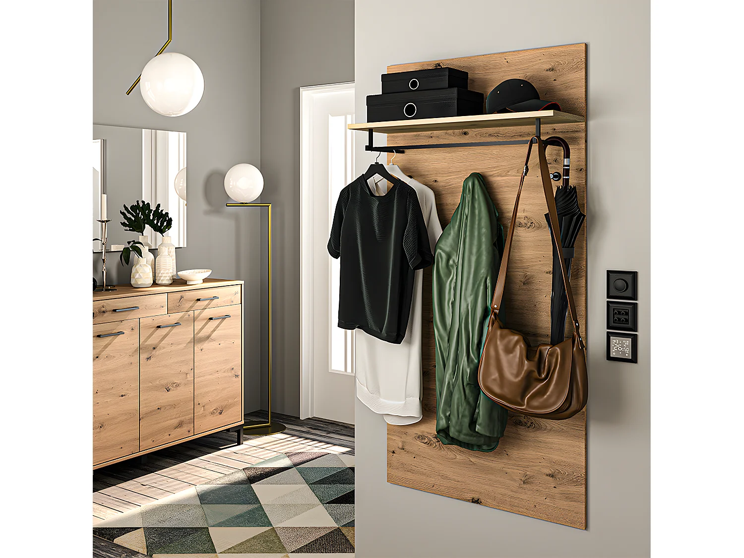 Appendiabiti a parete 3 pioli 1 ripiano Liora Wood
