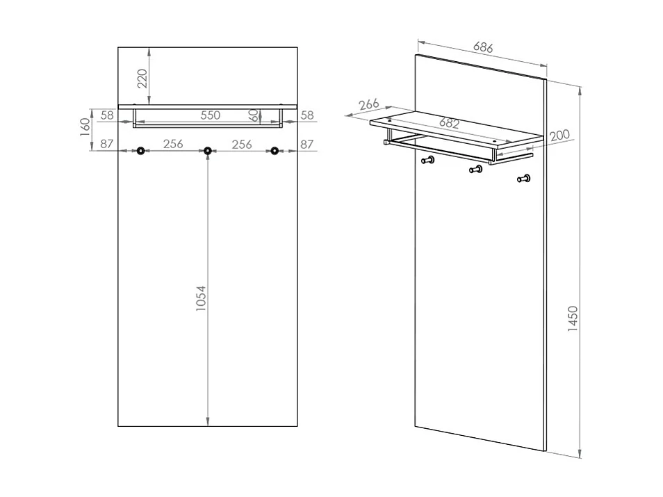 Appendiabiti a parete 3 pioli 1 ripiano Liora Wood
