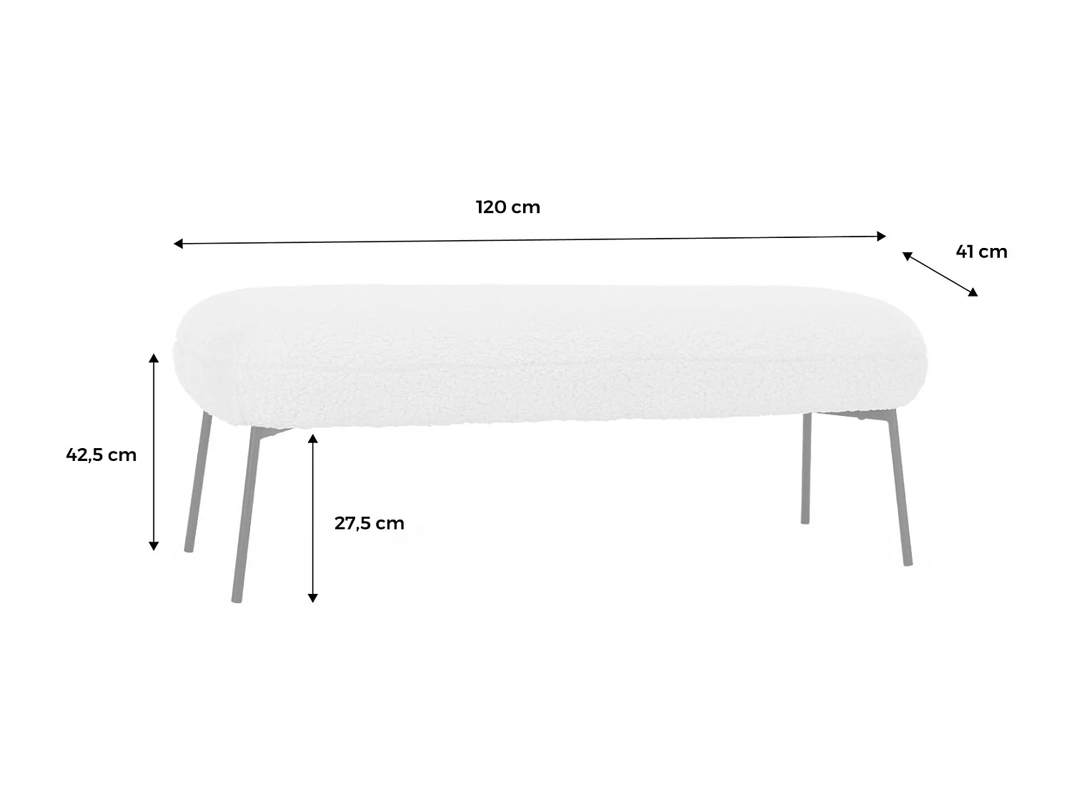 Banc. bout de lit avec revêtement bouclette. écru. pieds en métal noir. L 120 x P 41 x H 42.5cm