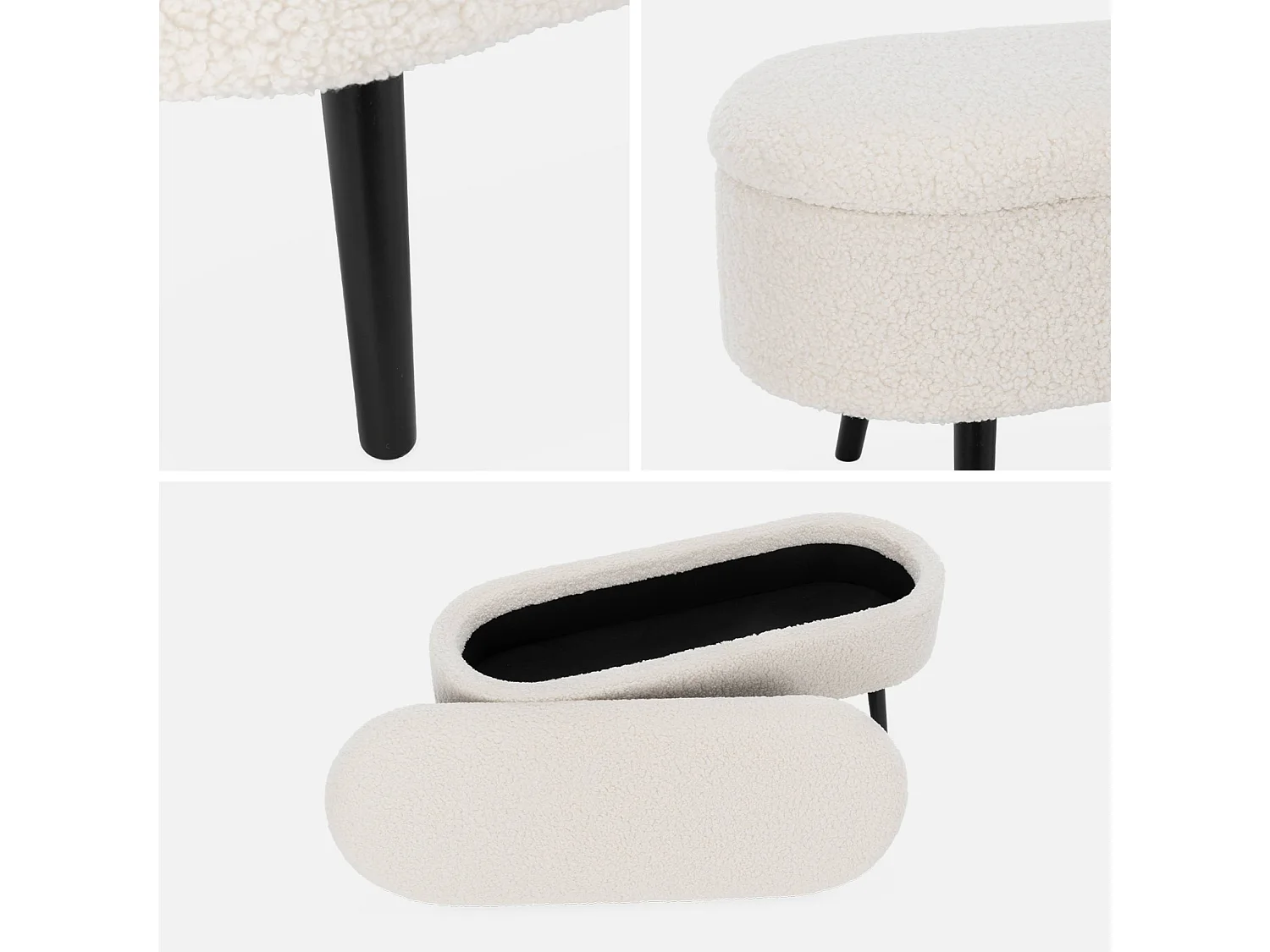 Banc coffre. bout de lit avec revêtement bouclette. écru. pieds en bois noir. L 112 x 44 x 50cm