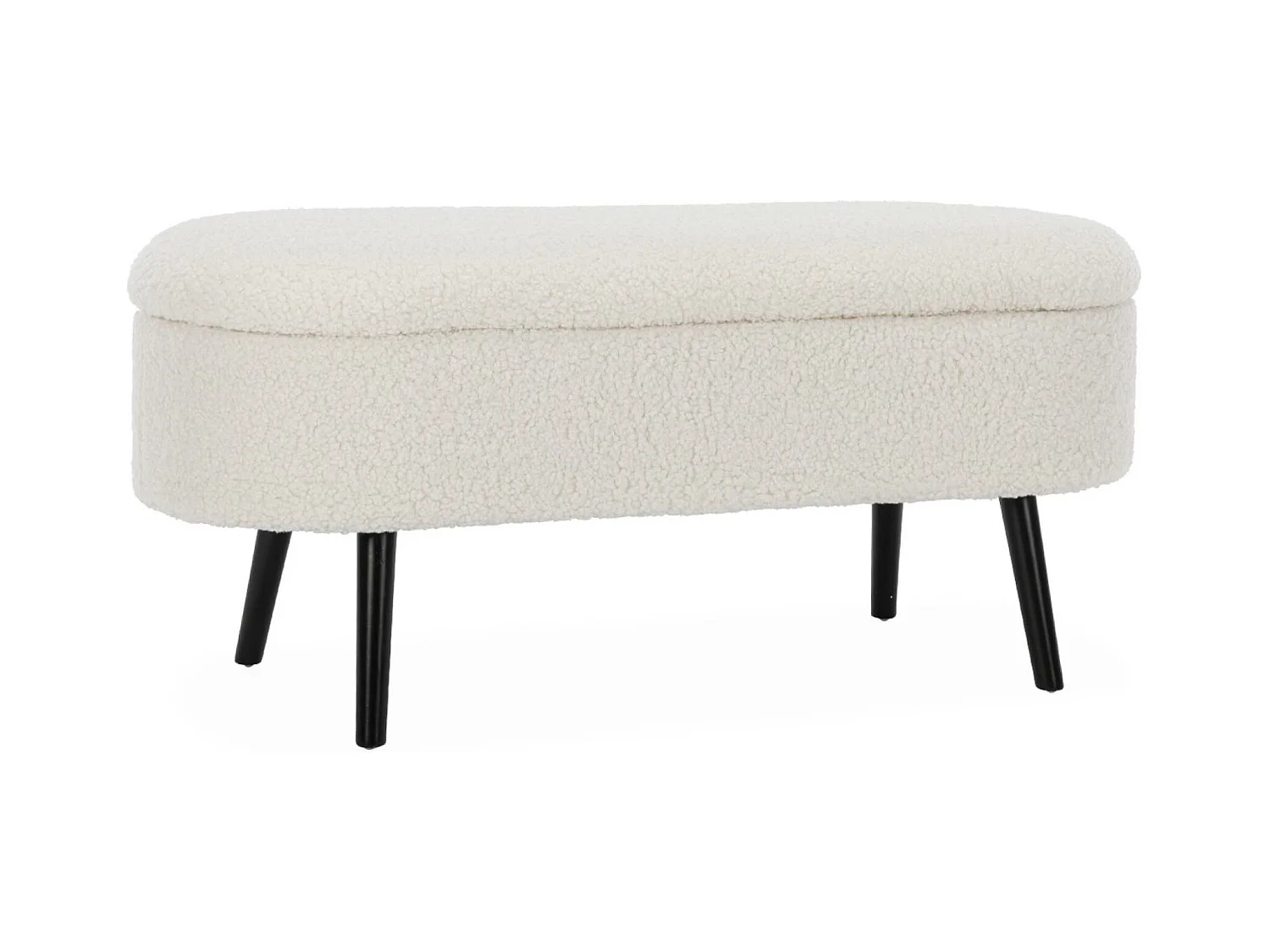 Banc coffre. bout de lit avec revêtement bouclette. écru. pieds en bois noir. L 112 x 44 x 50cm