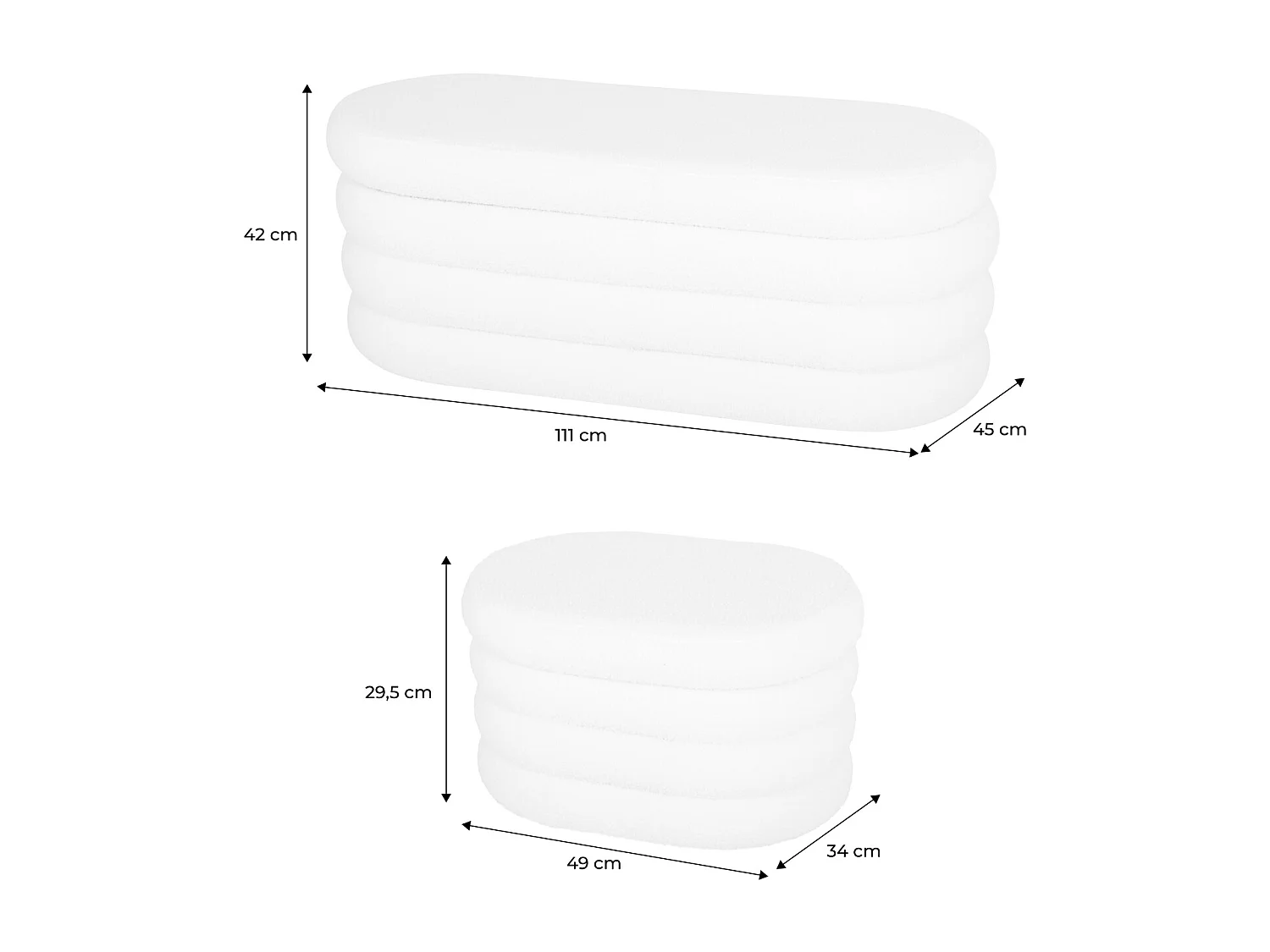 Banc coffre en bouclettes blanches avec 2 poufs ovales de rangement intégrés - L111cm