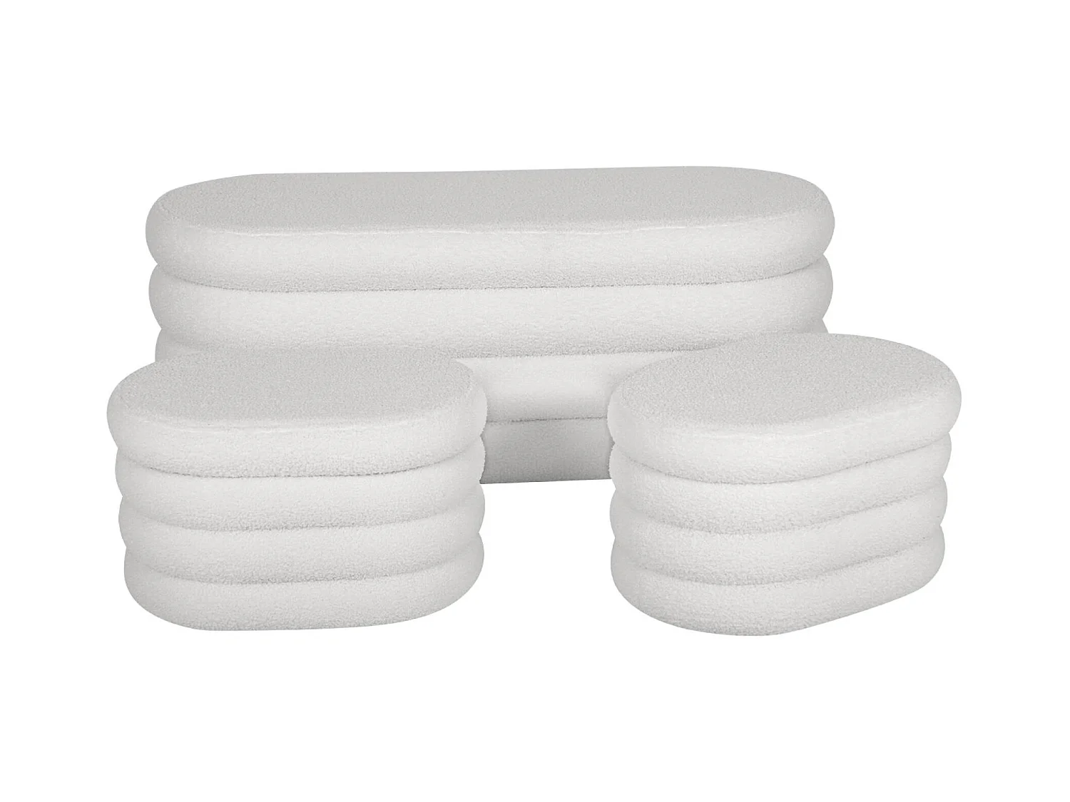 Banc coffre en bouclettes blanches avec 2 poufs ovales de rangement intégrés - L111cm