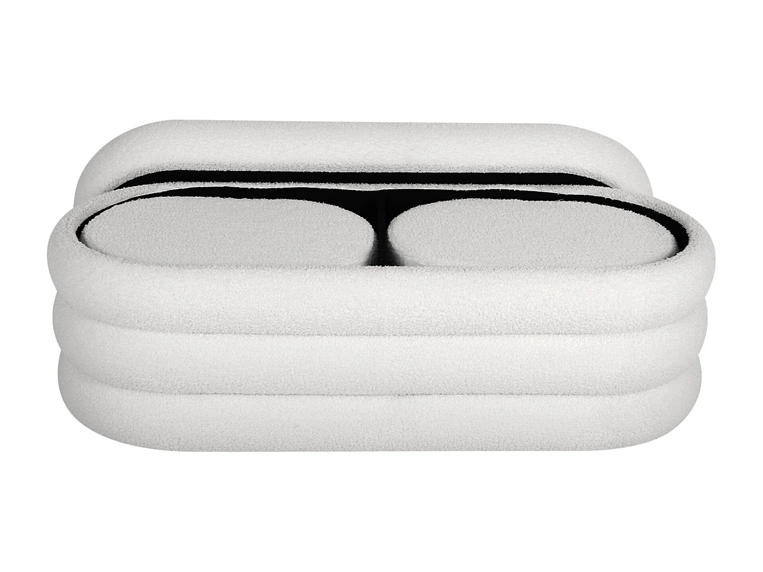 Banc coffre en bouclettes blanches avec 2 poufs ovales de rangement intégrés - L111cm