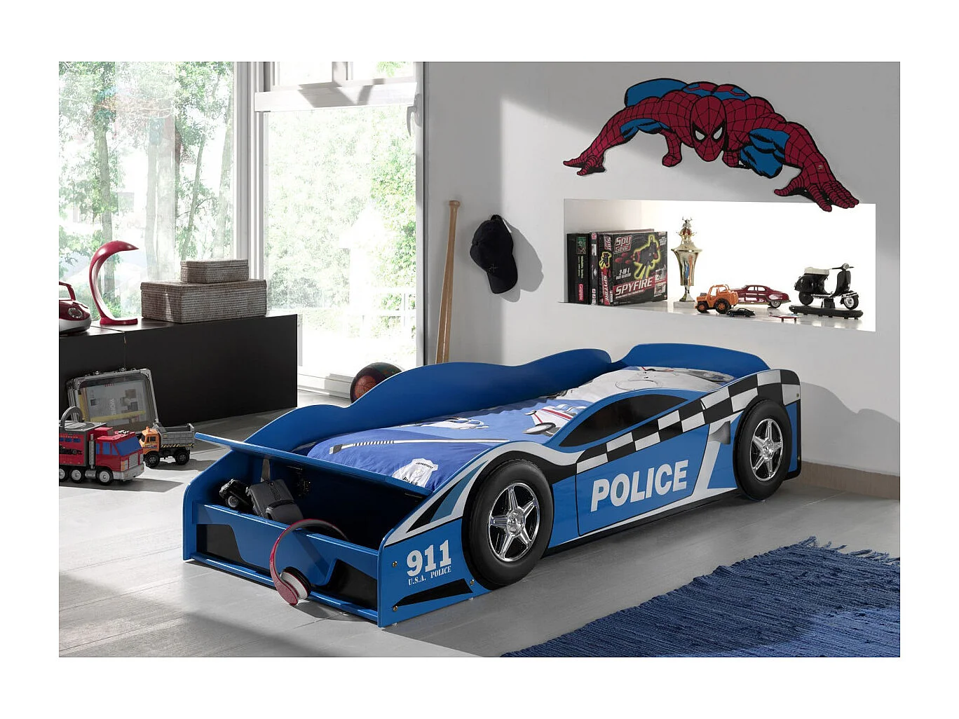 Pack - Lit Enfant & Matelas "Police" 70x140cm Bleu