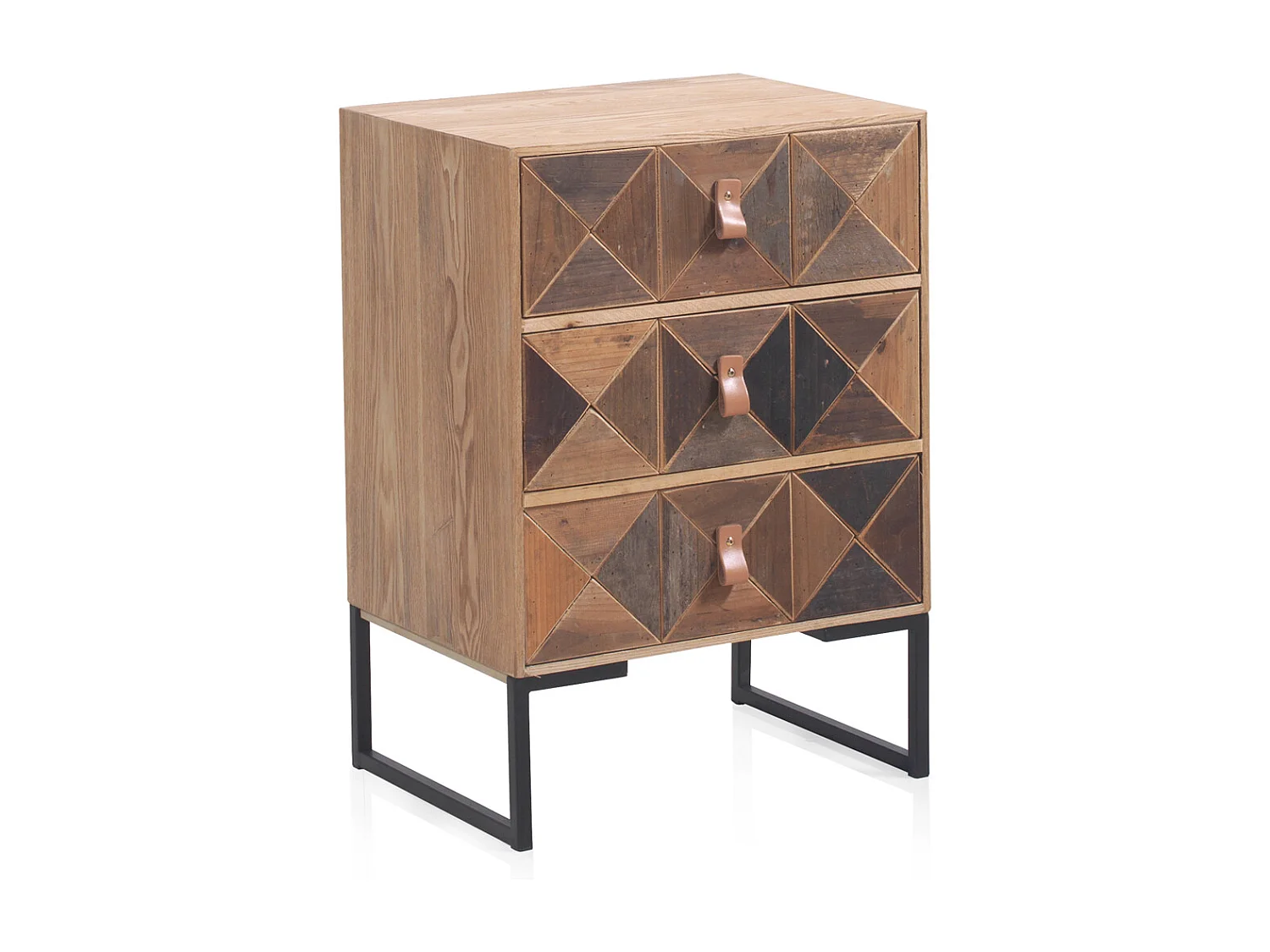 Mesa de cabeceira em madeira de freixo reciclado com 3 gavetas e base metálica