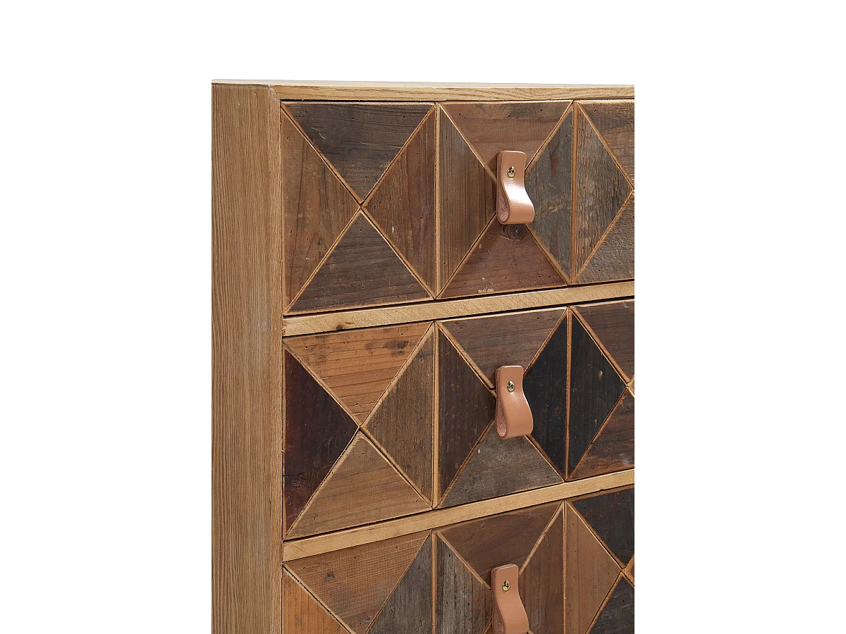 Mesa de cabeceira em madeira de freixo reciclado com 3 gavetas e base metálica