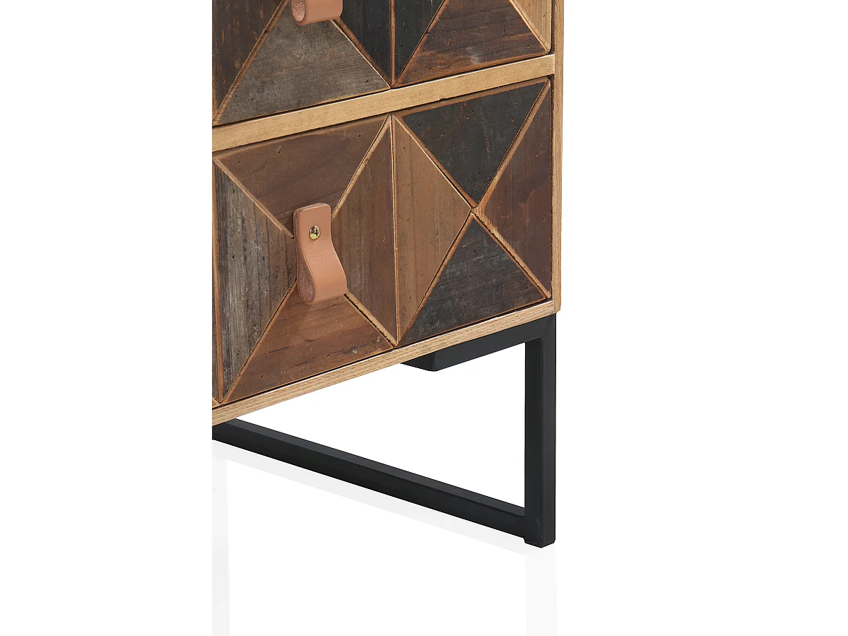 Mesa de cabeceira em madeira de freixo reciclado com 3 gavetas e base metálica