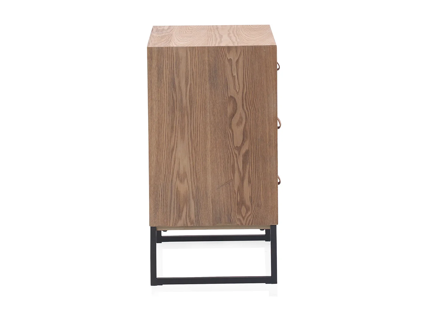 Mesa de cabeceira em madeira de freixo reciclado com 3 gavetas e base metálica