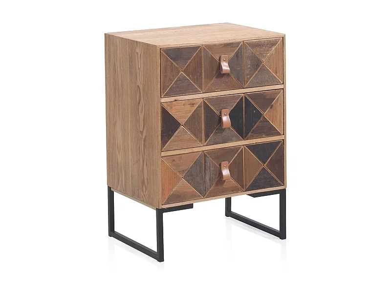 Mesa de cabeceira em madeira de freixo reciclado com 3 gavetas e base metálica