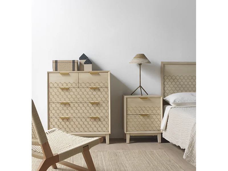 Table de chevet 2 tiroirs plaquée chêne et couleur beige