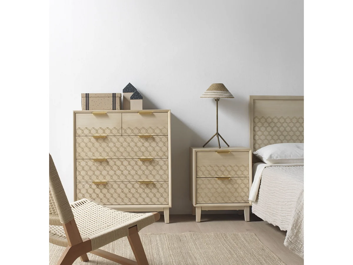 Table de chevet 2 tiroirs plaquée chêne et couleur beige