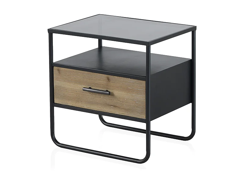 Nachttisch mit 1 Schublade aus Tannenholz und Eisen