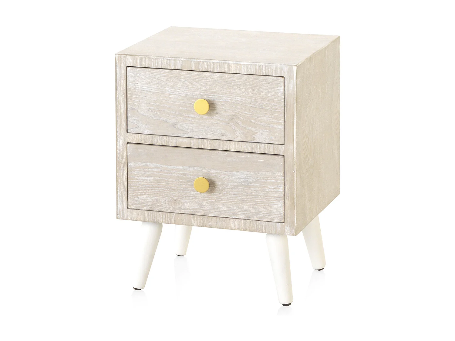 Mesa de cabeceira com 2 gavetas em folheado de freixo branco com acabamento em freixo branco patinado