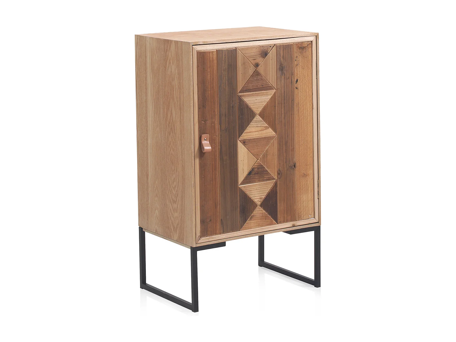 Table de chevet en bois de frêne recyclé avec 1 porte et piètement métallique