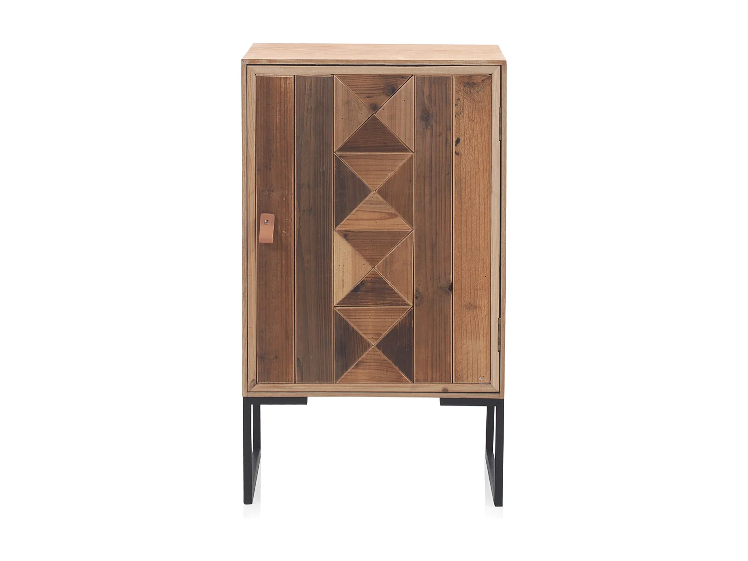 Table de chevet en bois de frêne recyclé avec 1 porte et piètement métallique