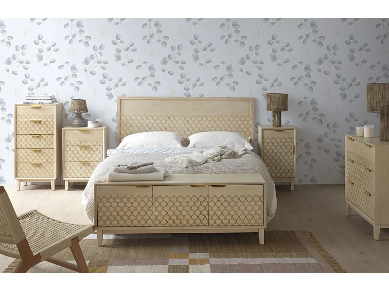 Nachttisch mit 1 Schublade und 1 Tür aus Eichenfurnier und Farbe beige