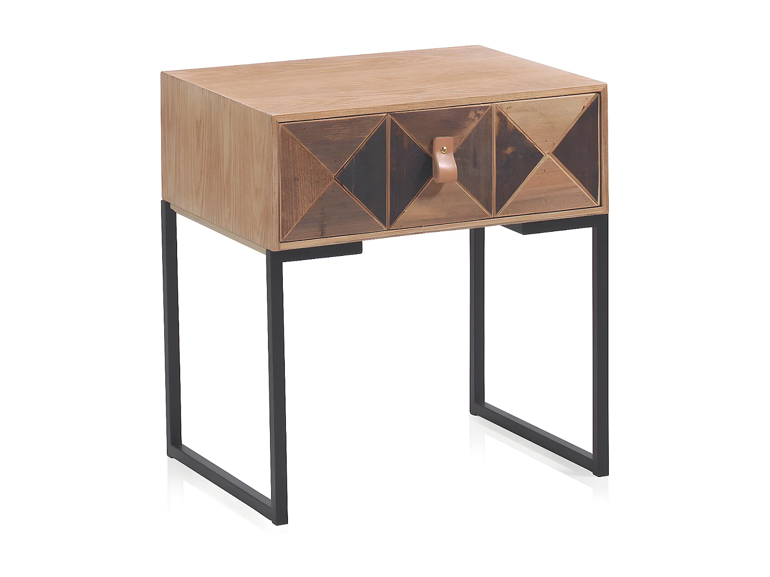 Mesa de cabeceira em madeira de freixo reciclado com 1 gaveta e base metálica