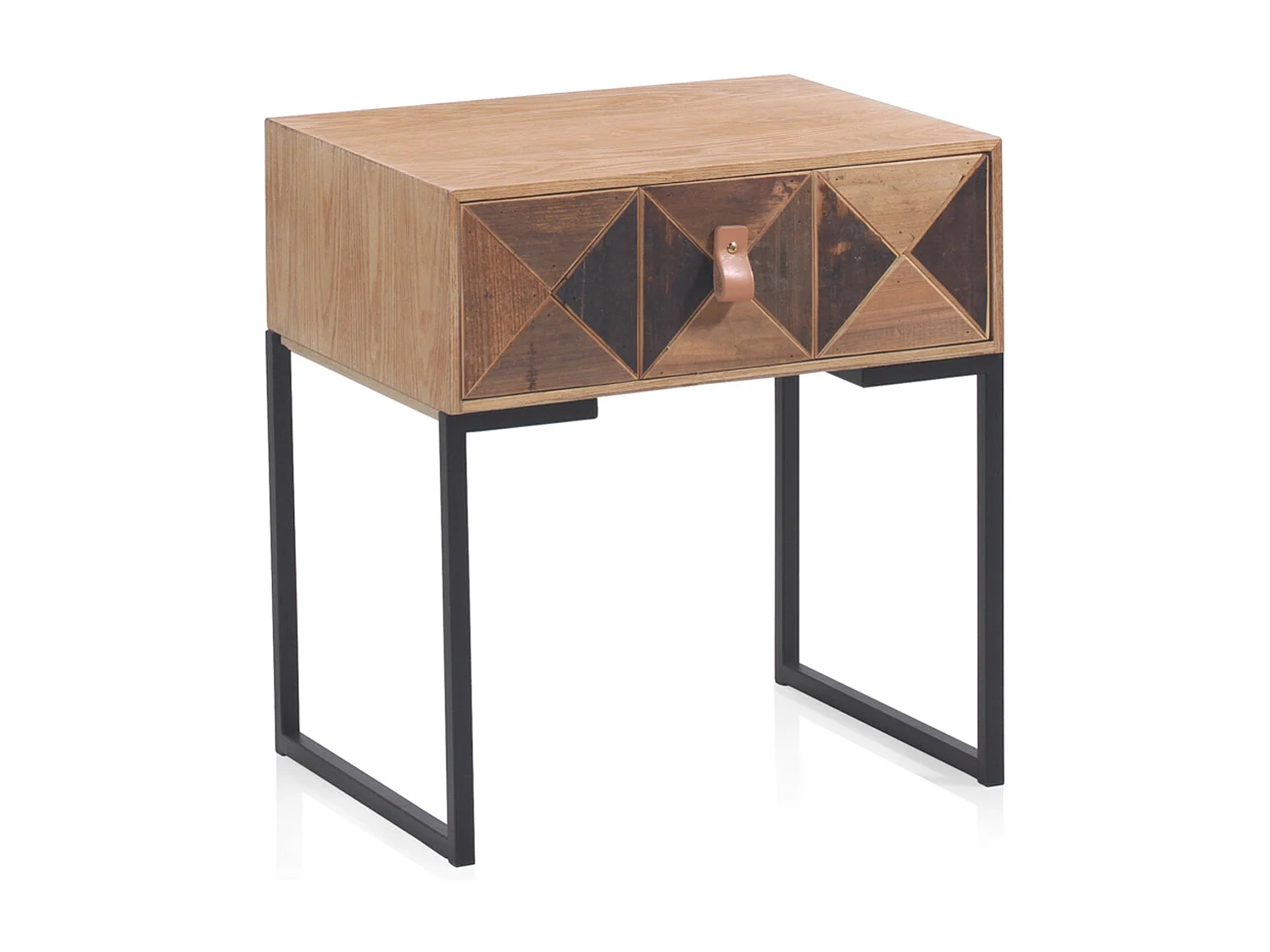 Mesa de cabeceira em madeira de freixo reciclado com 1 gaveta e base metálica