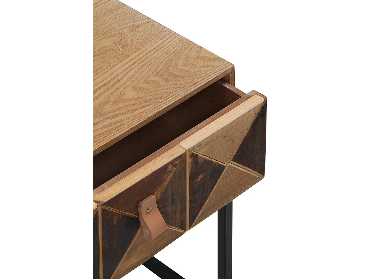 Mesa de cabeceira em madeira de freixo reciclado com 1 gaveta e base metálica
