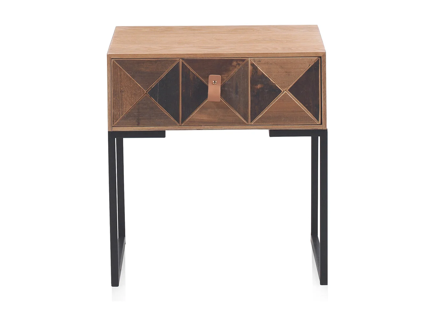 Mesa de cabeceira em madeira de freixo reciclado com 1 gaveta e base metálica