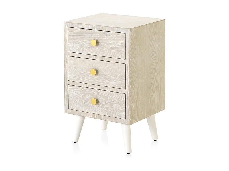 Mesita de noche con 3 cajones chapada en fresno patinado blanco