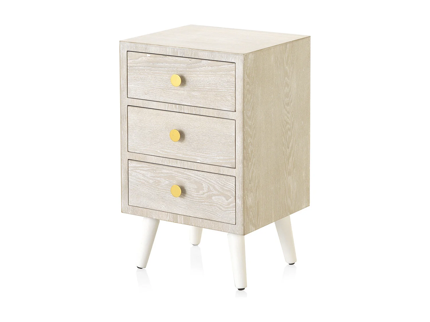 Mesita de noche con 3 cajones chapada en fresno patinado blanco