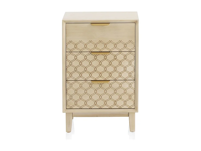 Nachttisch mit 3 Schubladen in Eiche furniert und Farbe beige