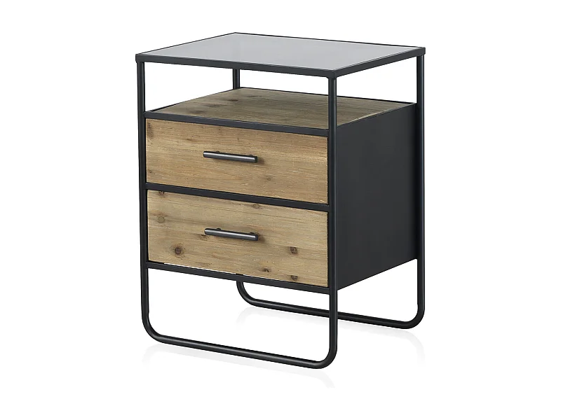 Comodino con 2 cassetti in legno di abete e ferro