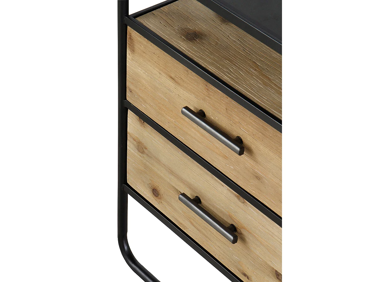 Mesa de cabeceira 2 gavetas em madeira de abeto e ferro