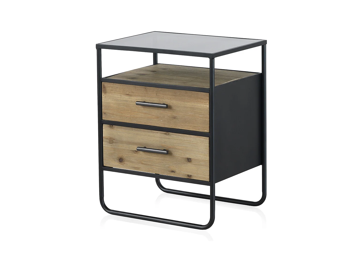 Comodino con 2 cassetti in legno di abete e ferro