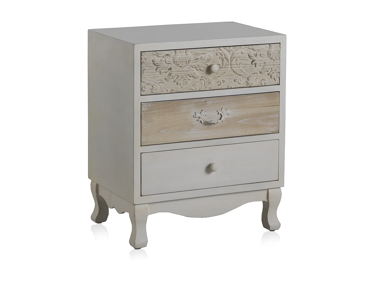 Table de chevet plaquée en sapin blanc avec 3 tiroirs