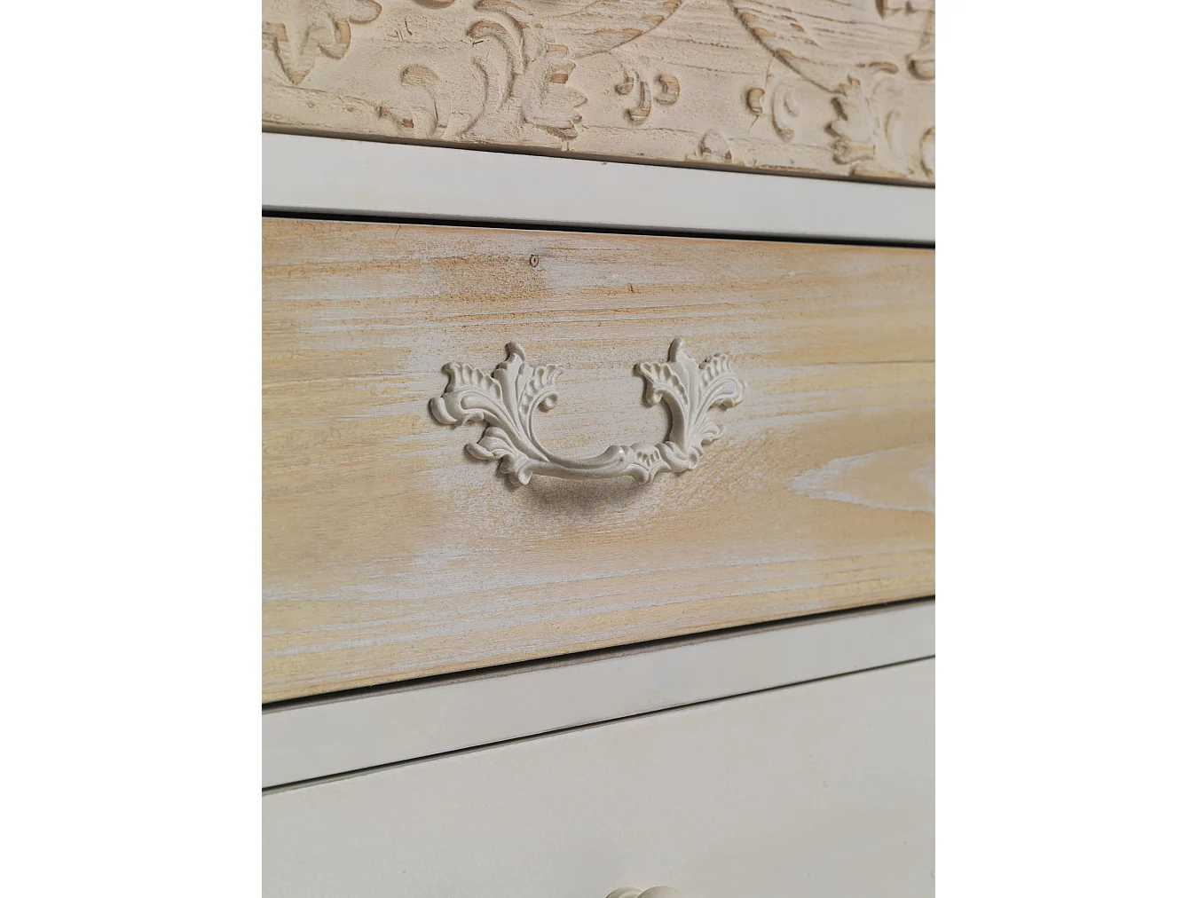 Table de chevet plaquée en sapin blanc avec 3 tiroirs