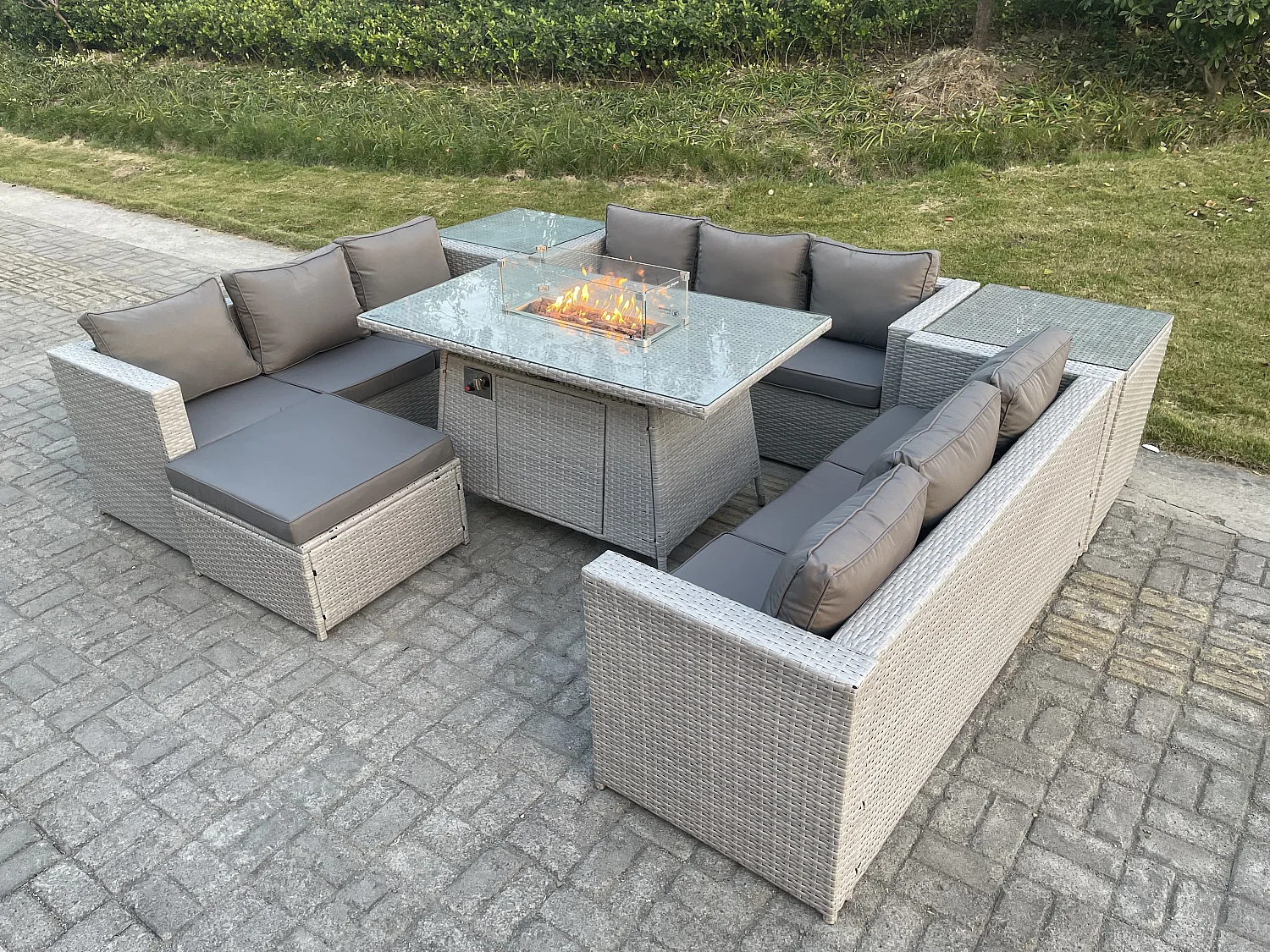 Polyrattan Gartenmöbel Set im Freien Gas Feuertisch Sofa Sets mit 2 Beistelltisch Großer Hocker Helles Grau