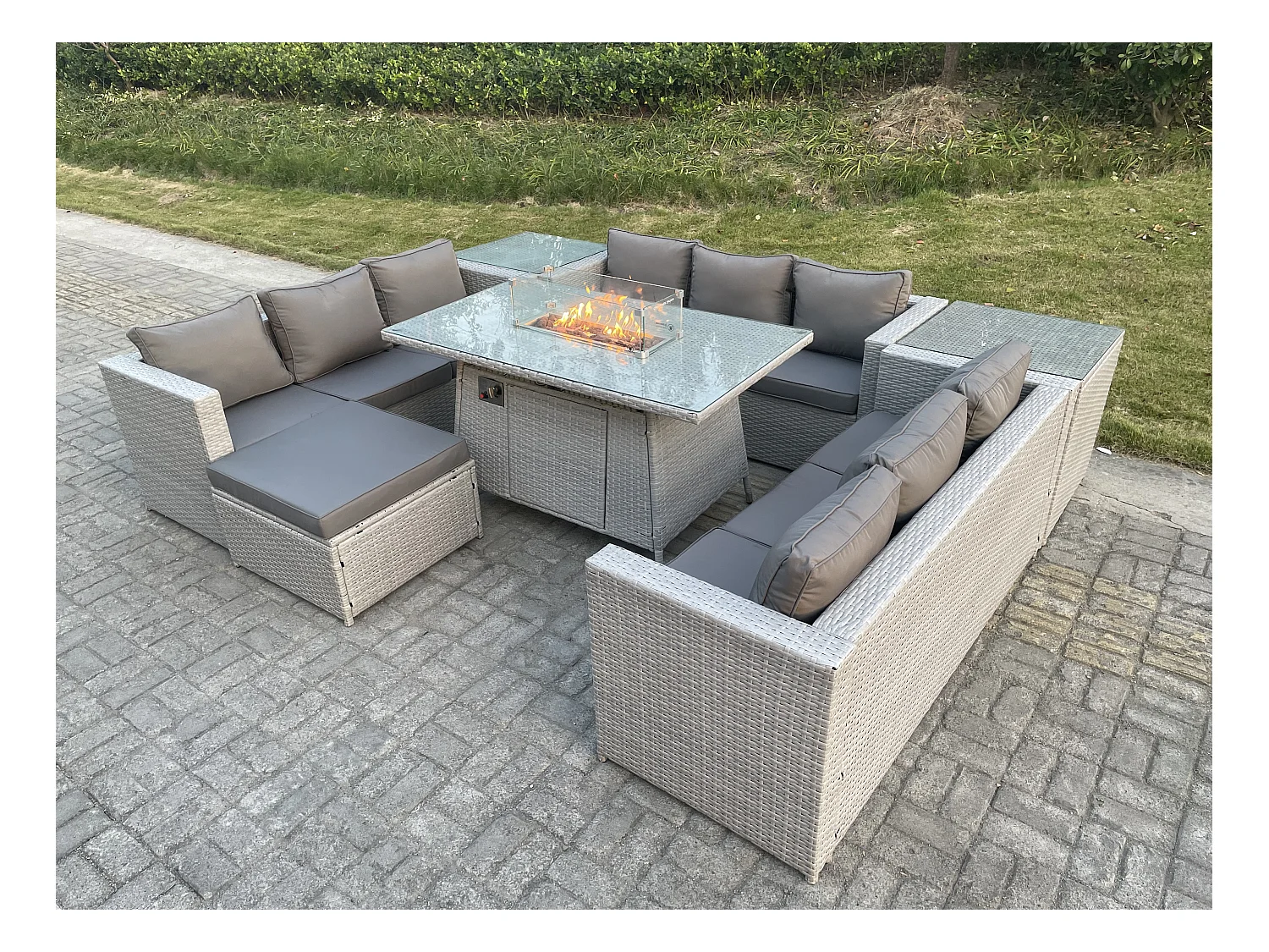 Polyrattan Gartenmöbel Set im Freien Gas Feuertisch Sofa Sets mit 2 Beistelltisch Großer Hocker Helles Grau