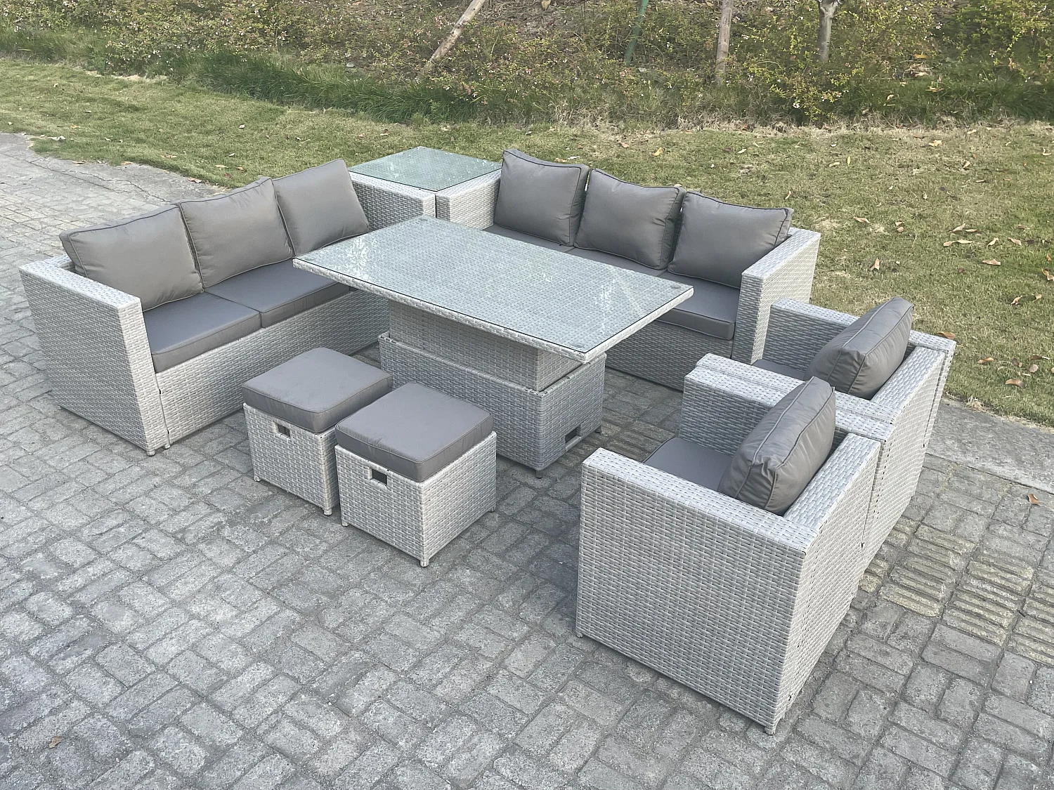 Salon de Jardin Exterieur Table à manger réglable en hauteur ave canapé 2 Fauteuil Table d'appoint 2 Petit Tabourets Gris Clair