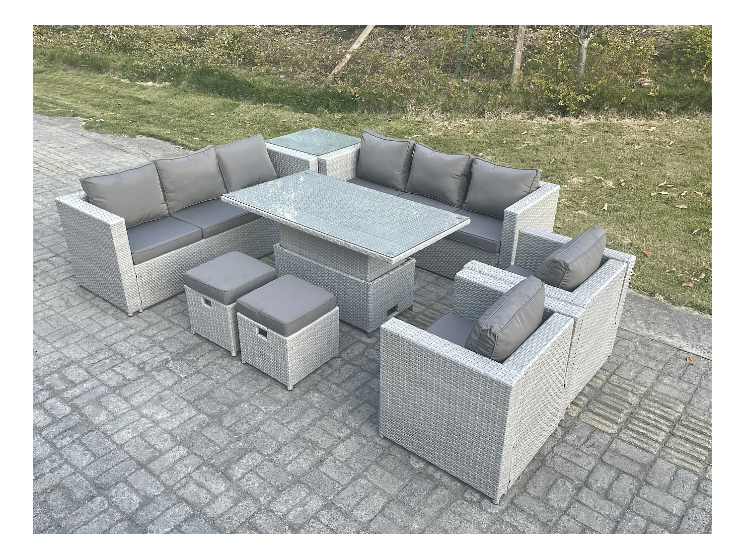 Polyrattan Essgruppe Gartenmöbel Set Höhe verstellbar Esstisch Set mit Sofa 2 Sessel Beistelltisch 2 Kleiner Fußhocker Helles Grau