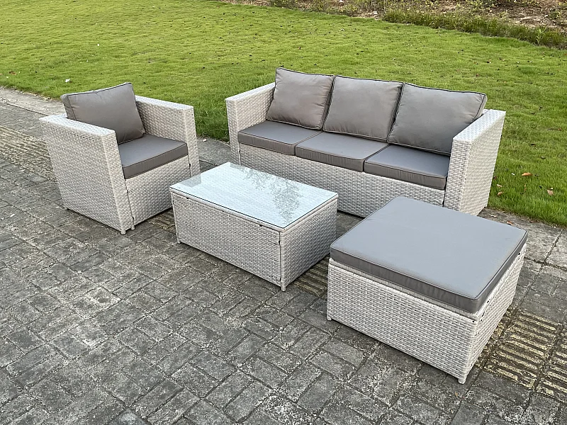 Polyrattan Gartenmöbel Set 5-Sitzer Rattan Sofa Set mit 3-Sitzer Sofa Sessel Quadrat Couchtisch Großer Fußhocker Helles Grau