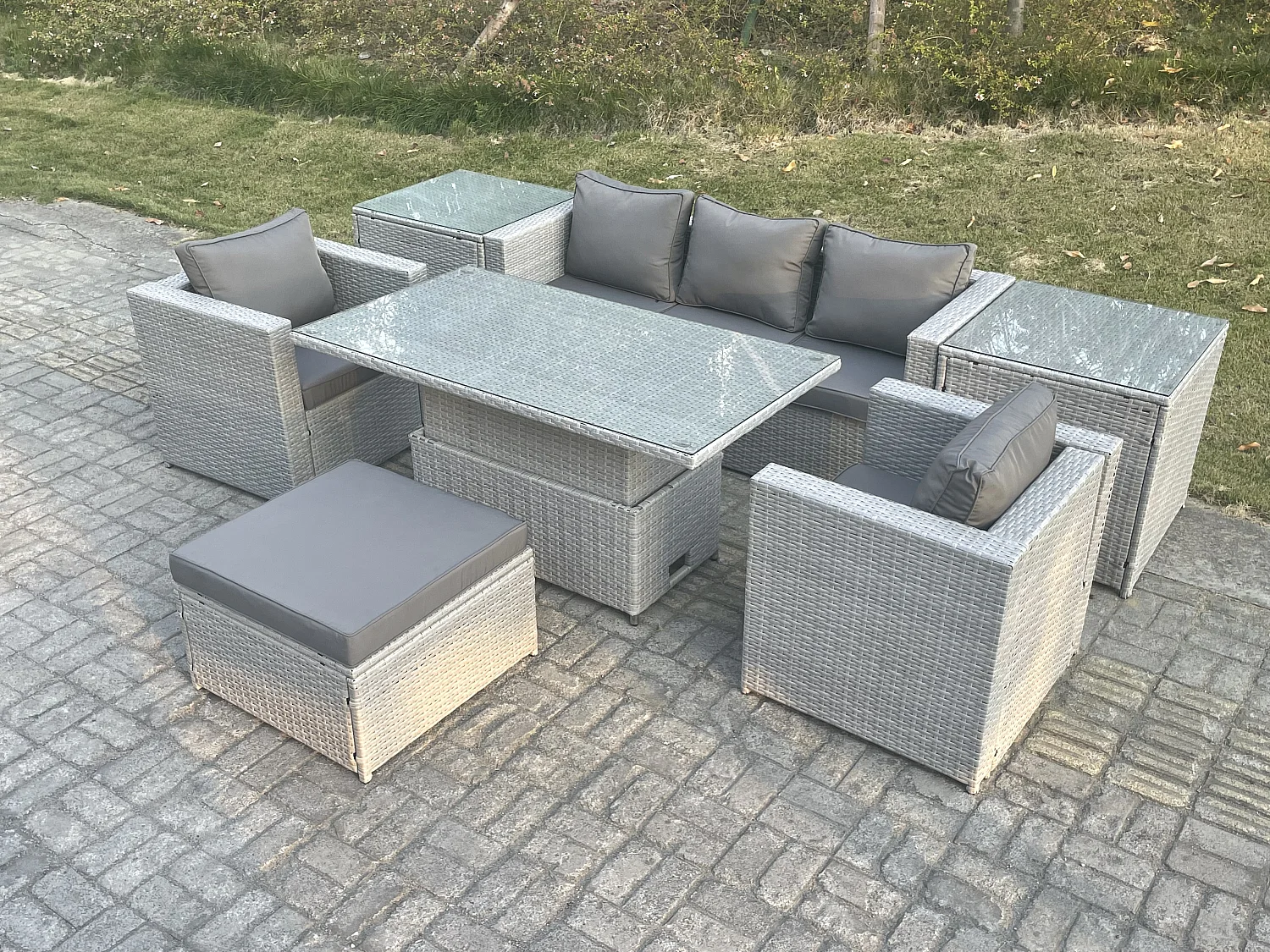 Rattan Gartenmöbel Set mit Sofa, Höhe verstellbar Esstisch und Hocker,Sessel,2 Beistelltisch,Outdoor Terrassen Essgruppe 7-teilige Sitzgruppe Helles Grau
