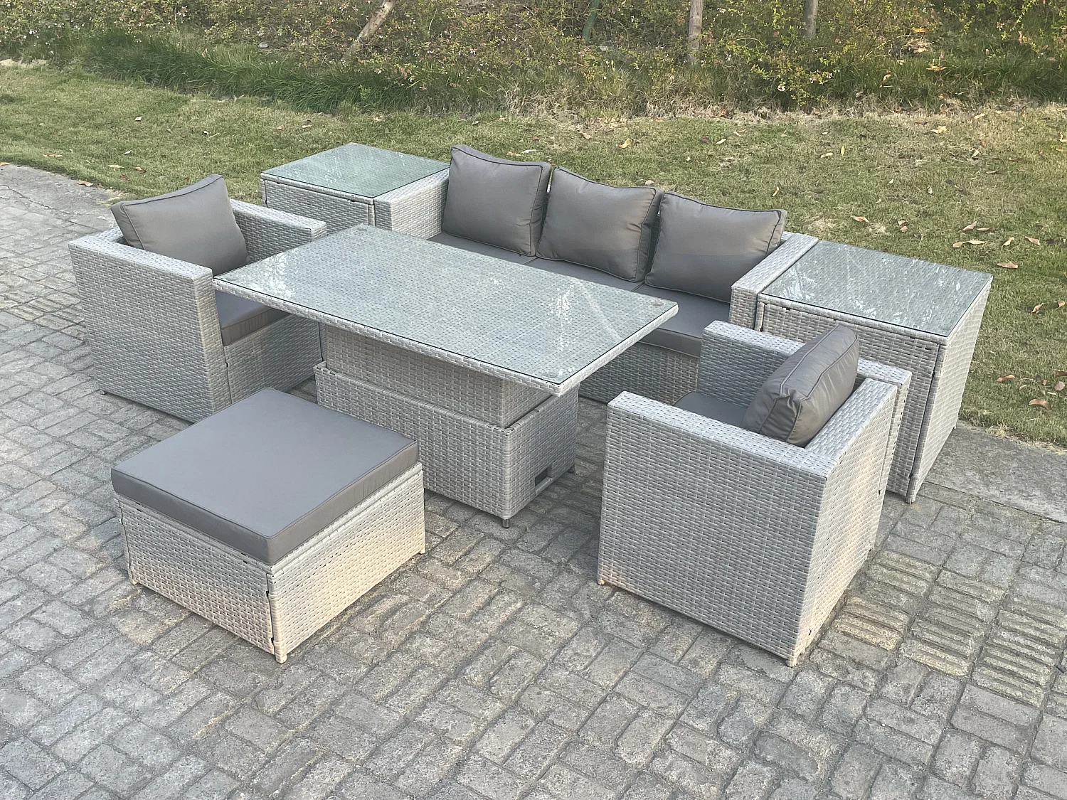Rattan Gartenmöbel Set mit Sofa, Höhe verstellbar Esstisch und Hocker,Sessel,2 Beistelltisch,Outdoor Terrassen Essgruppe 7-teilige Sitzgruppe Helles Grau