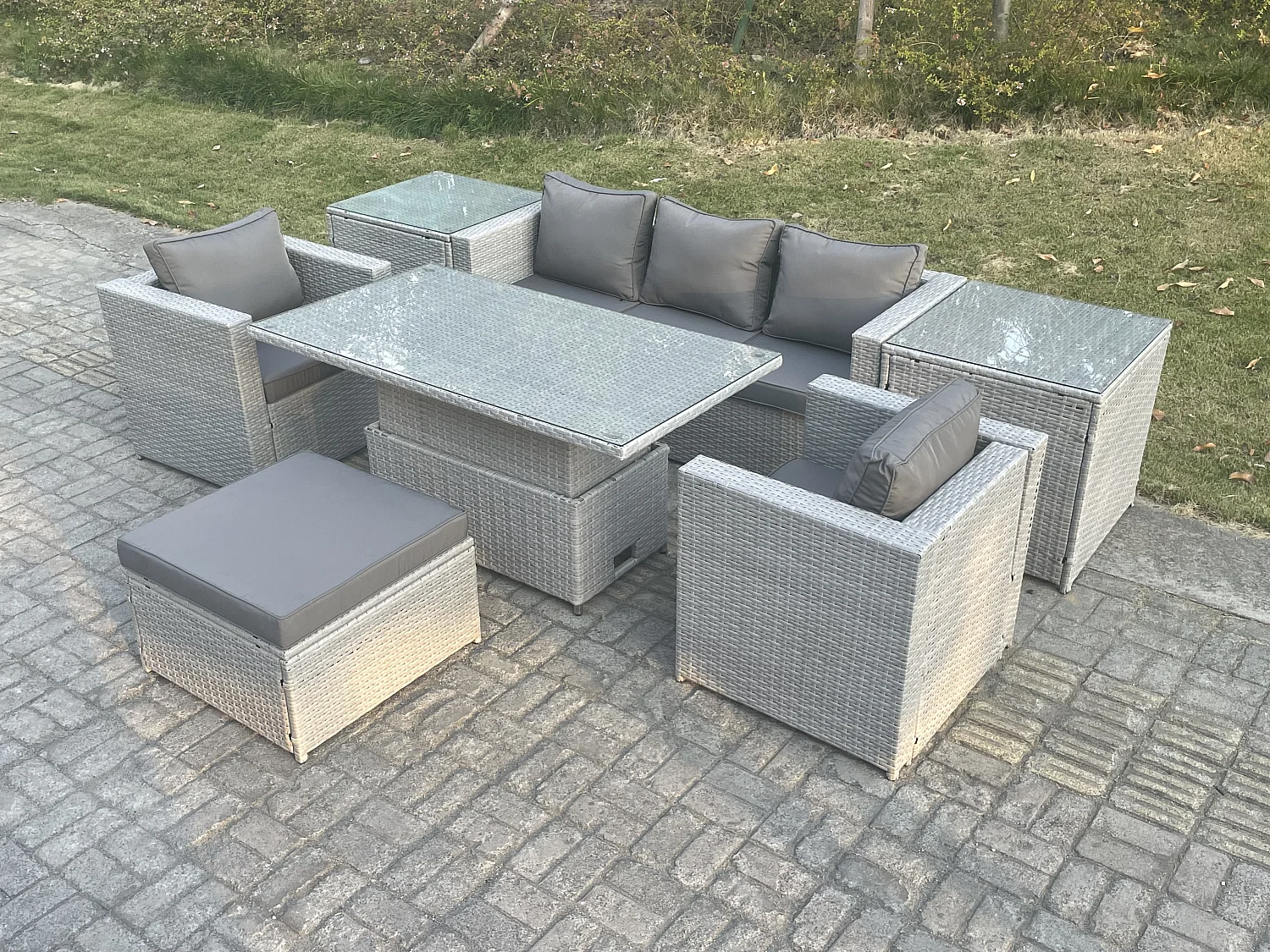 Rattan Gartenmöbel Set mit Sofa, Höhe verstellbar Esstisch und Hocker,Sessel,2 Beistelltisch,Outdoor Terrassen Essgruppe 7-teilige Sitzgruppe Helles Grau