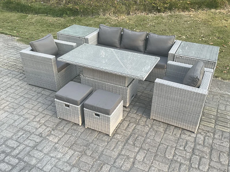Rattan Gartenmöbel Set mit Sofa, Höhe verstellbar Esstisch und Hocker,Sessel,2 Beistelltisch,Outdoor Terrassen Essgruppe 8-teilige Sitzgruppe Helles Grau