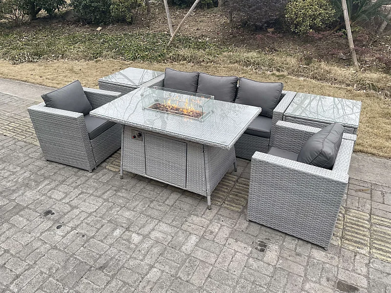 5 places Ensemble de meubles de jardin en rotin ensemble Table de foyer à gaz canapé ave Fauteuil Gris Clair